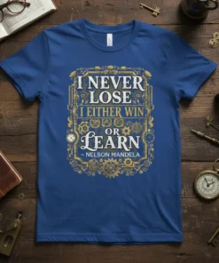 Blue t-shirt featuring the quote "I Never Lose I Either Win Or Learn ~ Nelson Mandela" in ornate steampunk-inspired gold