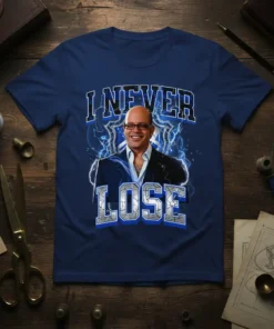 I NEVER LOSE quote t-shirt featuring a portrait of a man in a suit with lightning graphics and bold typography