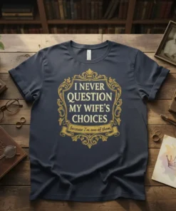 I NEVER QUESTION MY WIFE'S CHOICES quote on a dark t-shirt, featuring ornate golden lettering and a banner