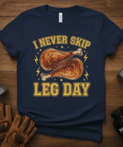 I NEVER SKIP LEG DAY humorous t-shirt design with roasted chicken legs graphic and yellow lightning bolts