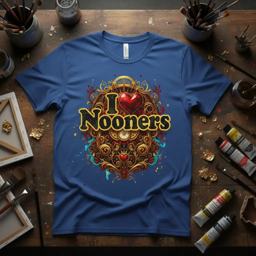 I Nooners quote with a detailed steampunk heart graphic on a blue t-shirt
