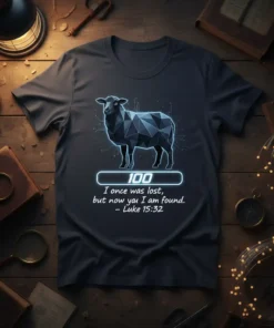 Geometric sheep design with text "100 I once was lost, but now you I am found. - Luke 15:32" on