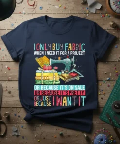 T-shirt with "I ONLY BUY FABRIC WHEN I NEED IT FOR A PROJECT OR BECAUSE IT'S ON OR BECAUSE IT'S