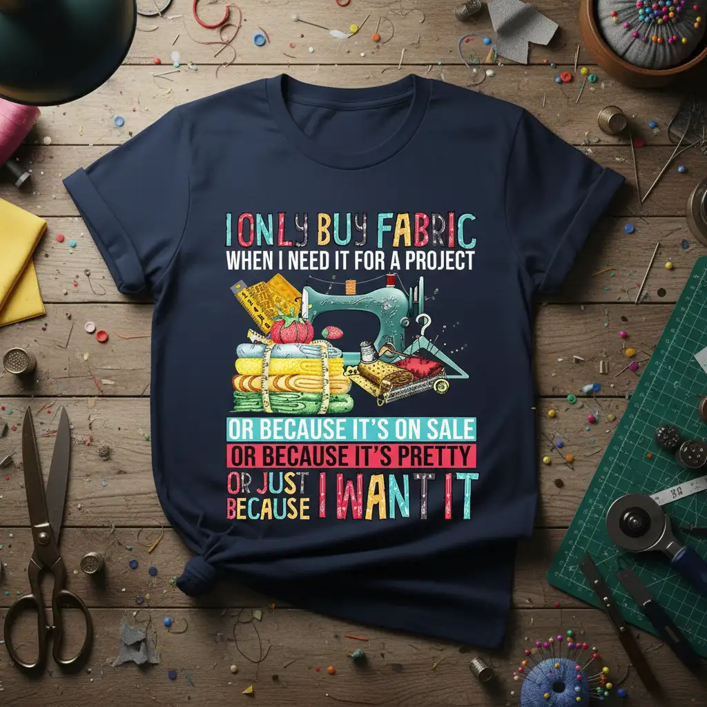 I ONLY BUY FABRIC quote with sewing machine illustration on a t-shirt design