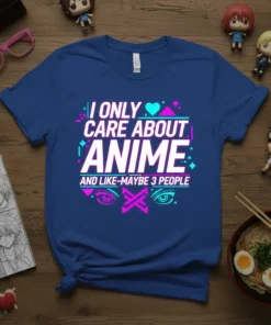 I Only Care About Anime and Like-Maybe 3 People text design on a blue t-shirt with anime eyes graphic
