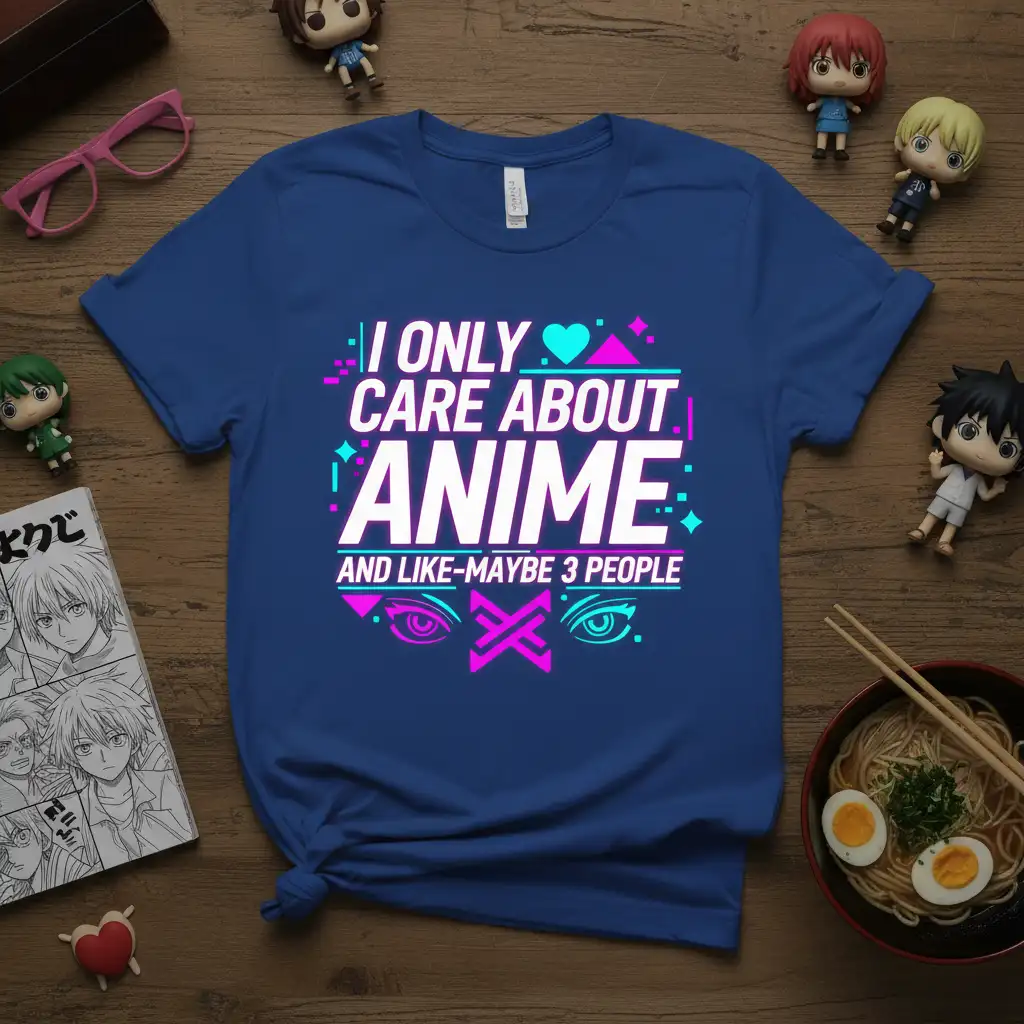 I Only Care About Anime and Like-Maybe 3 People quote on a blue t-shirt with neon accents and anime eyes