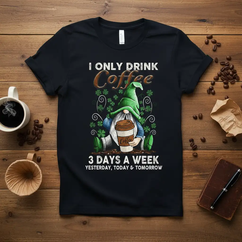 I ONLY DRINK COFFEE 3 DAYS A WEEK YESTERDAY, TODAY & TOMORROW quote on a t-shirt with a gnome holding coffee