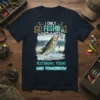I Only Go Fishing 3 Days A Week Yesterday Today and Tomorrow t-shirt design with a jumping bass graphic