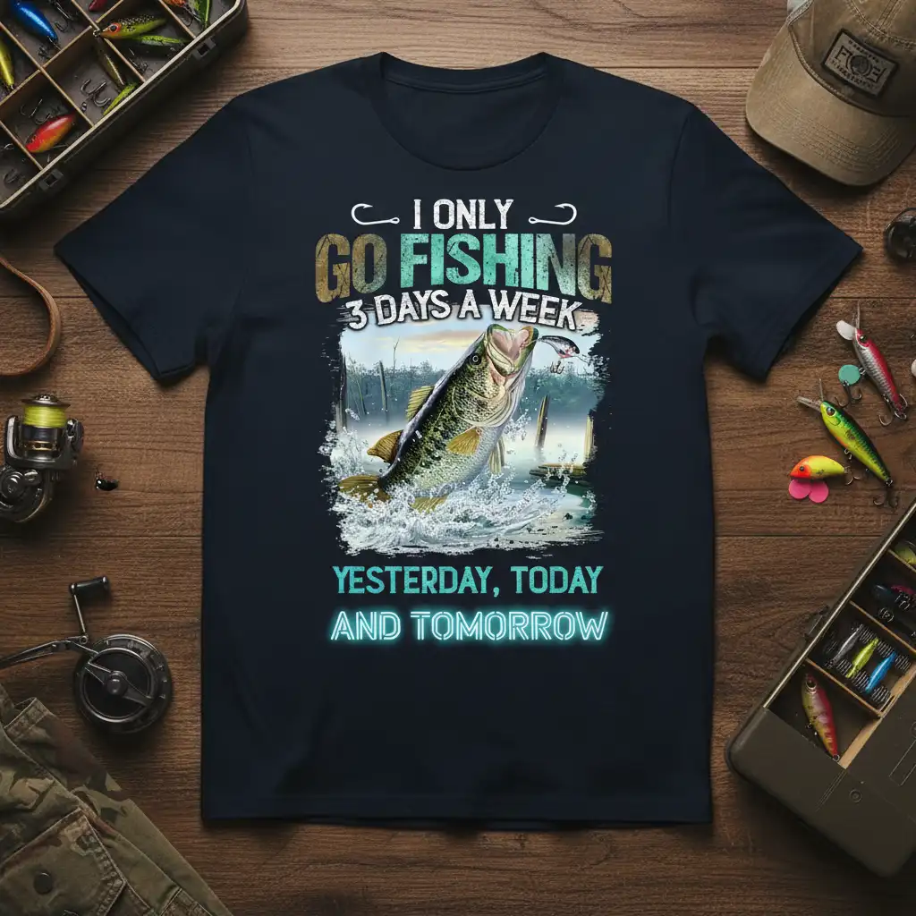 I Only Go Fishing 3 Days A Week Yesterday Today and Tomorrow quote with jumping bass fish graphic on a t-shirt