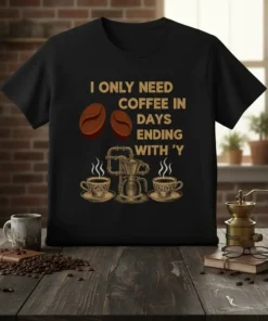 T-shirt design with text "I ONLY NEED COFFEE IN DAYS ENDING WITH 'Y" featuring coffee beans and a moka pot
