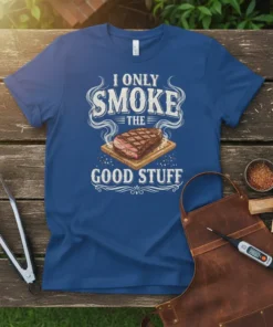 I Only Smoke The Good Stuff quote with a grilled steak image on a blue t-shirt