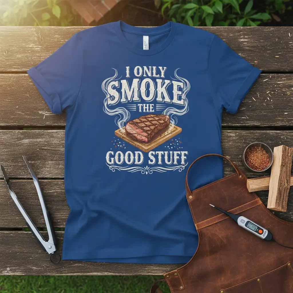 I Only Smoke The Good Stuff text design with grilled steak graphic for BBQ lovers