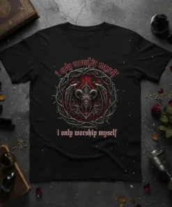 Gothic dragon design with text "i only worship myself" repeated, dark aesthetic t-shirt
