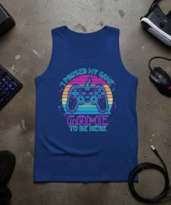 I PAUSED MY GAME GAME TO BE HERE text with retro sunset and game controller graphic on a blue tank