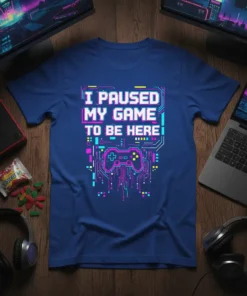 I Paused My Game To Be Here gamer t-shirt with pixelated controller graphic in neon colors