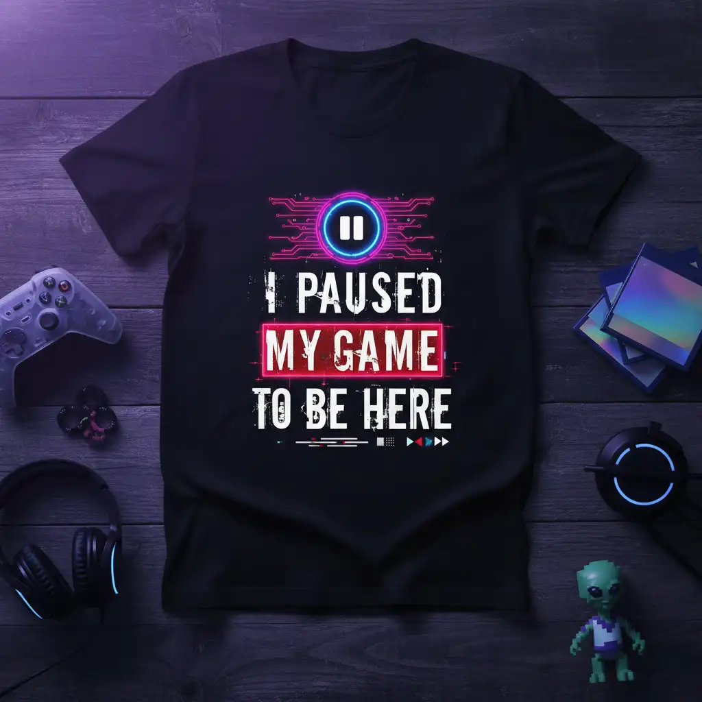 I Paused My Game To Be Here quote with neon pause button graphic on black t-shirt