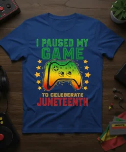 I Paused My Game To Celebrate Juneteenth t-shirt with a colorful video game controller graphic surrounded by stars