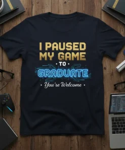I Paused My Game To Graduate funny quote t-shirt with glowing blue circuit design and gold text
