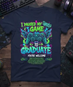 I Paused My Game To Graduate T-Shirt with gaming controller and wings graphic. Includes "You're Welcome" text and small print