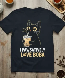 Black cat holding a boba tea cup with the text "I PAWSATIVELY LOVE BOBA" on a dark t-shirt