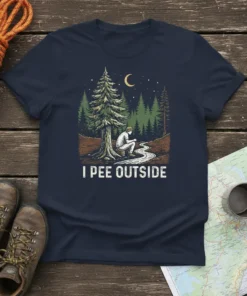 I Pee Outside t-shirt with a humorous camping graphic of a person peeing outdoors at night
