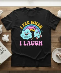 I Pee When I Laugh humorous quote t-shirt with cartoon cloud and water drop characters under a rainbow
