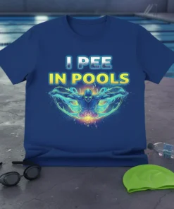 Funny "I Pee In Pools" quote with a dynamic swimmer graphic on a blue t-shirt