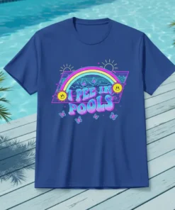 Blue t-shirt with the text "I Pee In Pools" in bold, colorful, retro font, featuring a rainbow, smiley faces, and