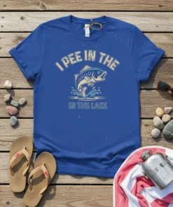 I Pee In The Lake funny fishing quote with a jumping bass graphic on a royal blue t-shirt