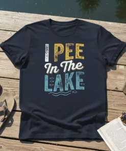 Navy t-shirt with distressed text "I PEE In The LAKE" and small fish graphics, perfect for lake lovers and fishermen