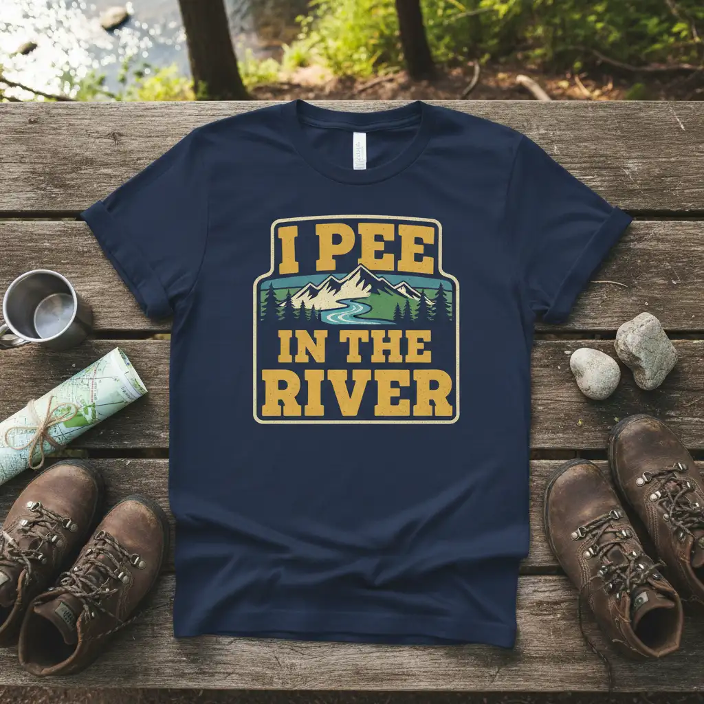 I Pee In The River quote with mountain and river graphic on a navy blue t-shirt, vintage outdoor humor
