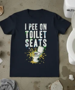 I Pee On Toilet Seats funny quote t-shirt with a graphic of a toilet and yellow splash