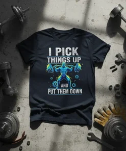 I PICK THINGS UP AND PUT THEM DOWN t-shirt with graphic of a muscular man lifting a barbell