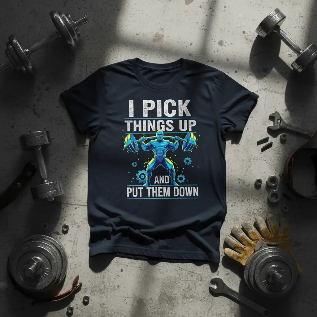 I PICK THINGS UP AND PUT THEM DOWN t-shirt design with muscular man lifting barbell
