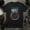 Black t-shirt with "I Play Heavy Metal" text and a graphic of a trumpet inside a gear, featuring a demon-like