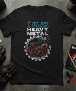 Black t-shirt with "I Play Heavy Metal" text and a graphic of a trumpet inside a gear, featuring a demon-like