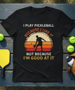 Retro sunset graphic t-shirt with text "I Play Pickleball Because I Like It Not Because I'm Good At It" and