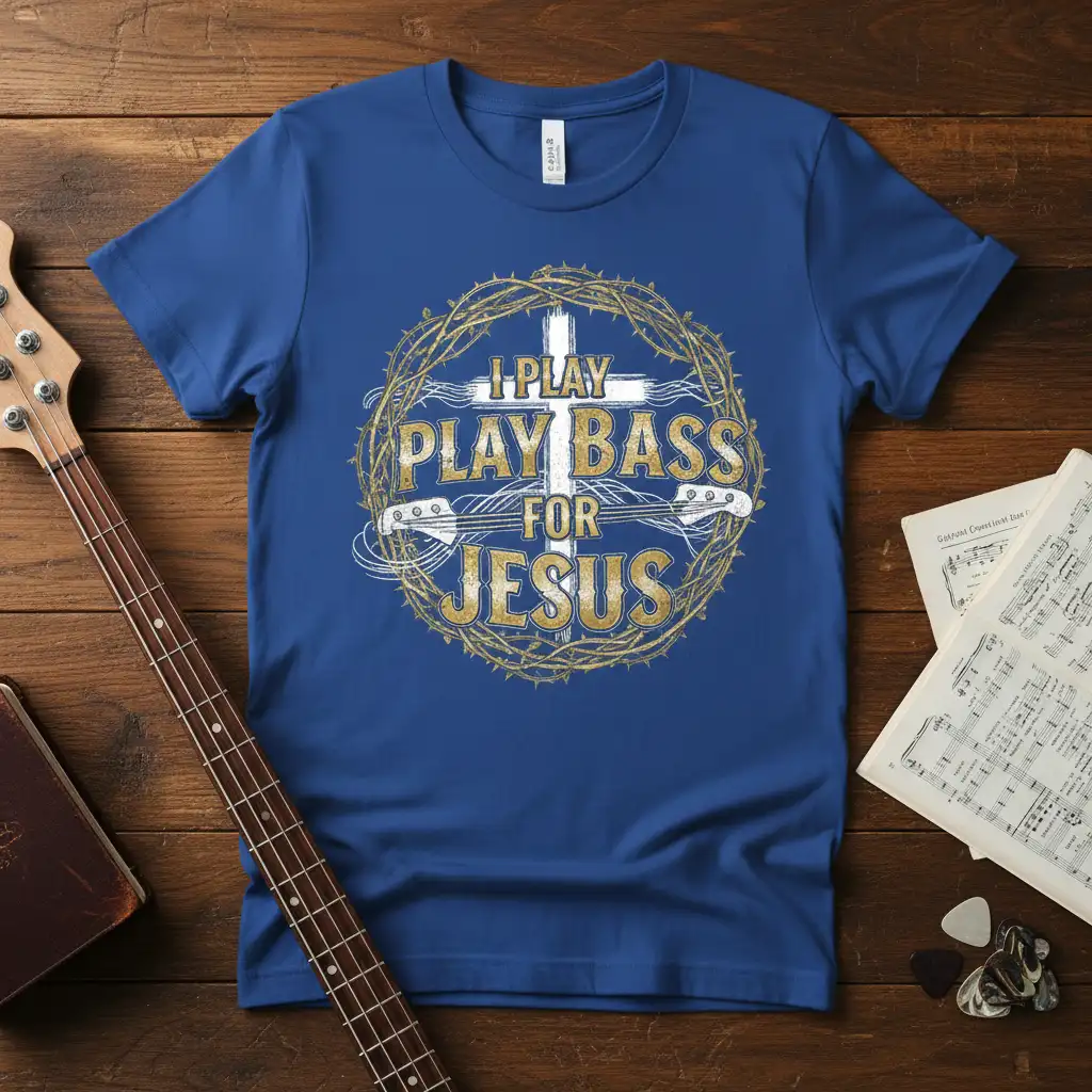 I Play Play Bass For Jesus text design with cross and bass guitars, religious musician theme