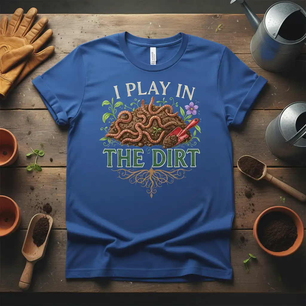 I Play In The Dirt quote t-shirt with earthworm and gardening graphics