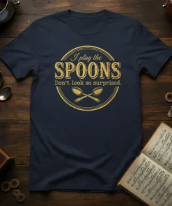 I play the SPOONS Don't look so surprised quote t-shirt design with crossed spoons graphic