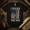 I Plead The 2nd Amendment t-shirt with American flag and rifle graphic, patriotic theme, distressed vintage style
