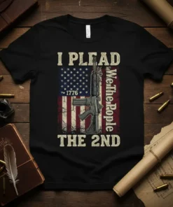 I Plead The 2nd Amendment t-shirt with American flag and rifle graphic, patriotic theme, distressed vintage style