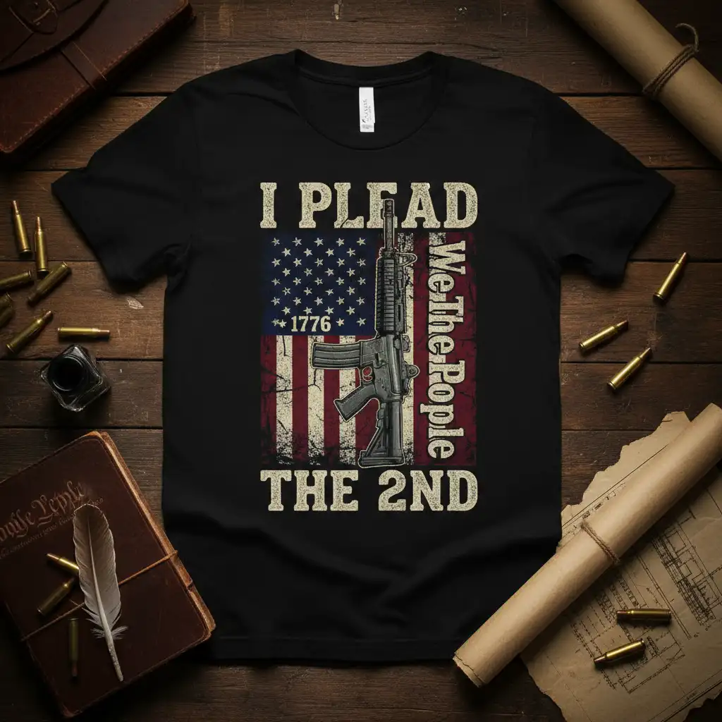I Plead The 2nd Amendment statement t-shirt with distressed US flag and AR-15 rifle graphic