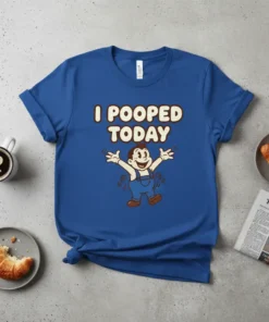 Blue t-shirt with "I Pooped Today" text and a cartoon character celebrating, primary keyword included