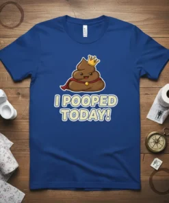 I POOPED TODAY! text with a crowned cartoon poop character wearing a red cape on a royal blue t-shirt