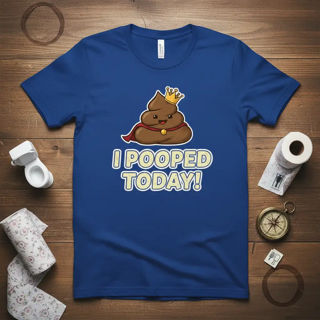 I POOPED TODAY! humorous quote design with crowned cartoon poop character on blue t-shirt