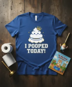 Blue t-shirt with "I Pooped Today!" text and a cute poop emoji graphic wearing a crown