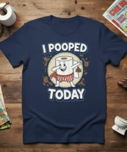 I Pooped Today funny t-shirt design with a dabbing toilet paper roll character and brown splatters