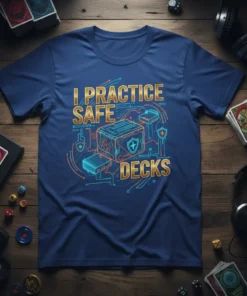 Blue t-shirt with "I PRACTICE SAFE DECKS" text and a futuristic graphic of a safe with card deck symbols