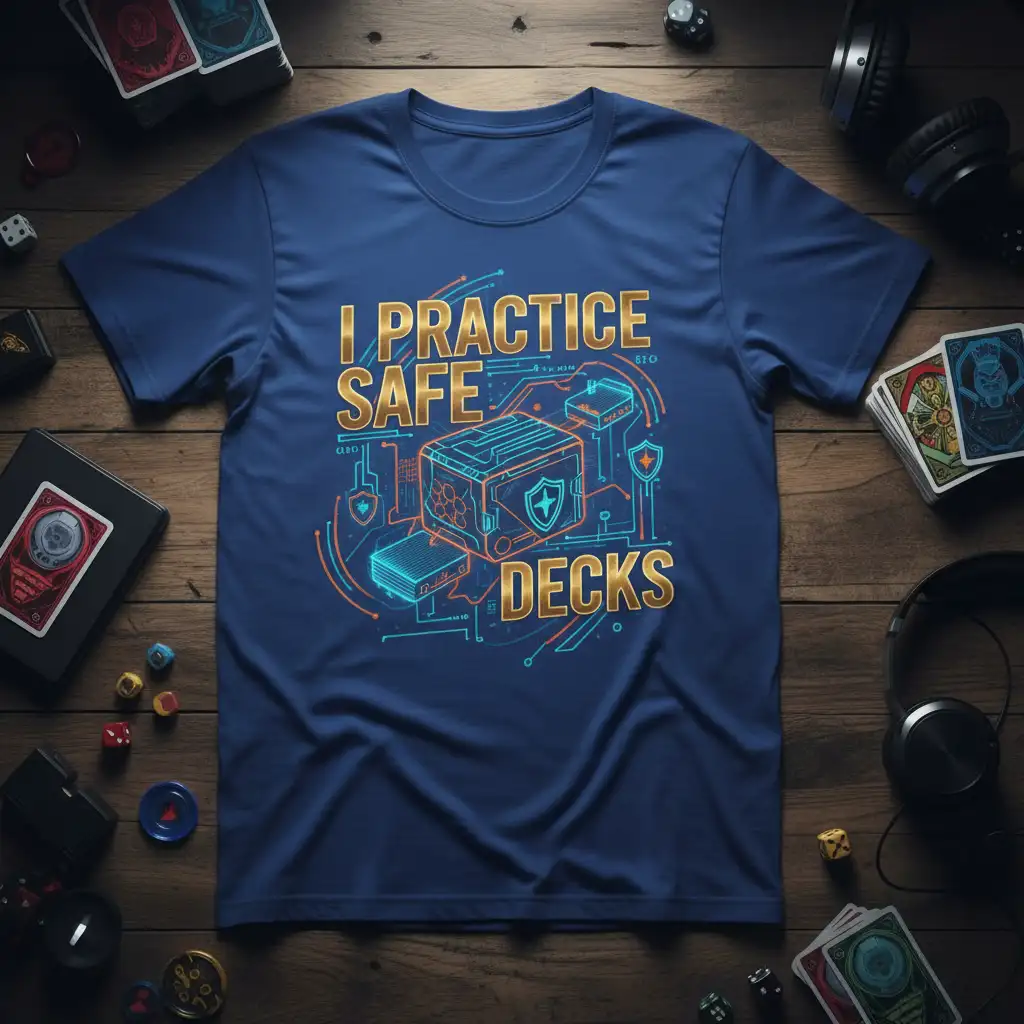 I Practice Safe Decks text on a blue t-shirt with a graphic of a secure card deck vault and tech elements